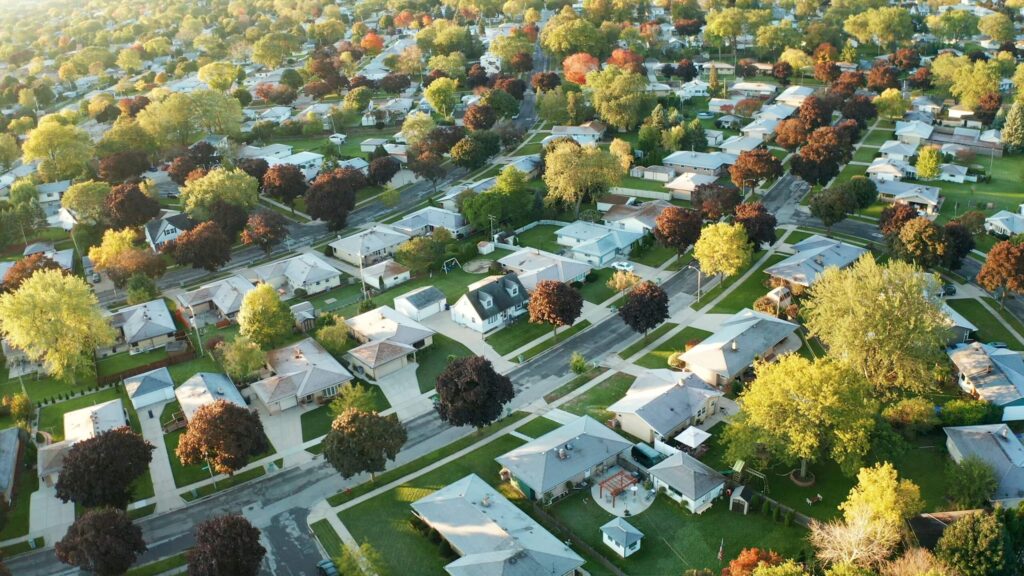 An aerial photo of a suburban neighborhood